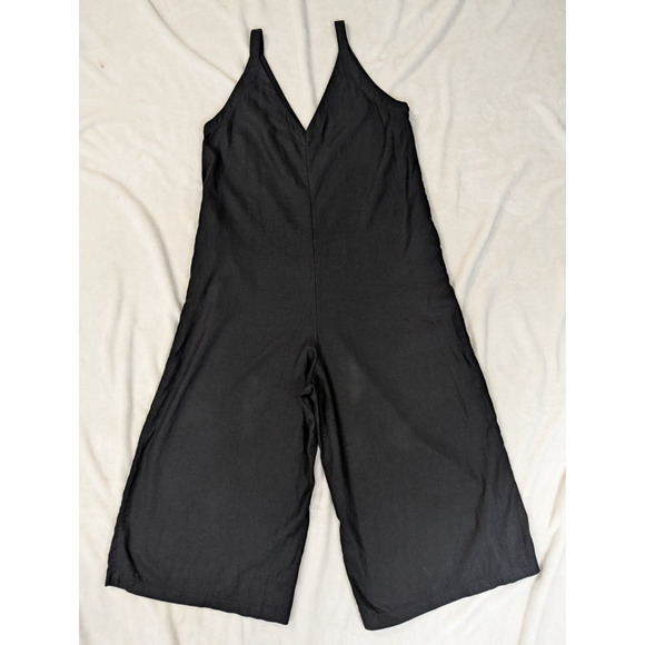 Uniqlo sz L Linen Blend One Piece Jumpsuit cropped wide leg black tank 4067 - Picture 4 of 7